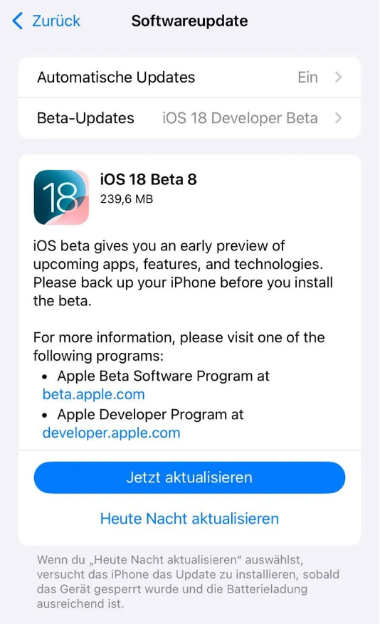 华池苹果手机维修分享苹果 iOS / iPadOS 18 开发者预览版 Beta 8 发布 